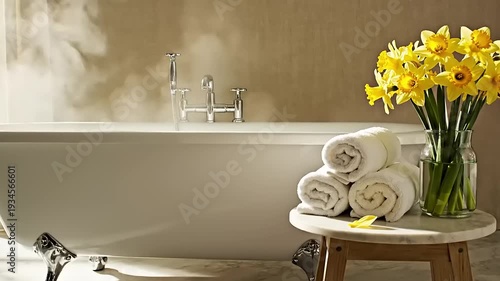 Luxurious Bathroom with Flowers and Towels.