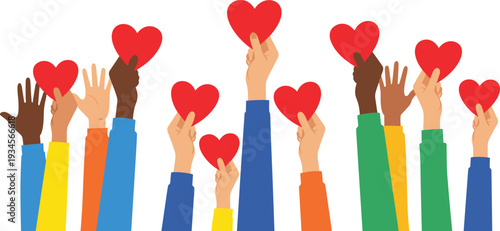 Diverse hands holding red hearts people