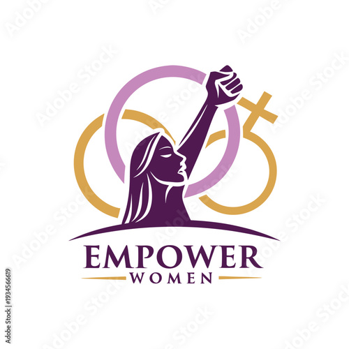 Empower women graphic with female silhouette raised fist and female symbols promoting equality and strength