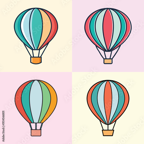 Colorful hot air balloons vector illustration, flat design, travel symbols