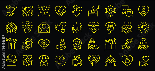 Charity giving, donate money outline icons big set. Line signs volunteering and giving support donation or symbols friendship. Thin vector pictograms pack for web infographic business social projects.