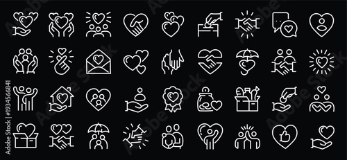 Charity giving, donate money outline icons big set. Line signs volunteering and giving support donation or symbols friendship. Thin vector pictograms pack for web infographic business social projects.