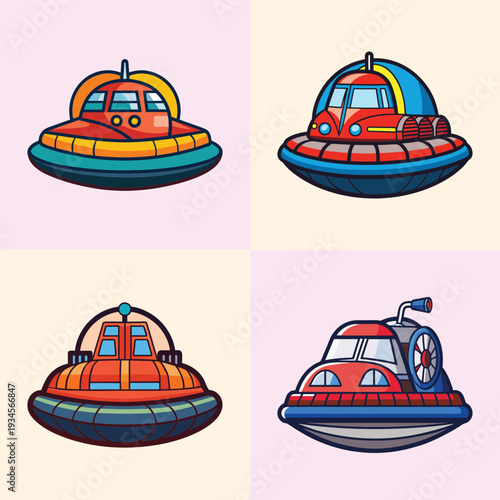 Colorful hovercraft vector illustration set, flat design style, futuristic transportation