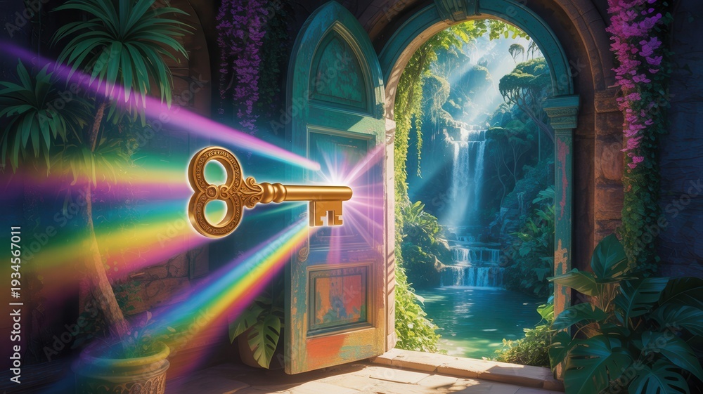 Fototapeta premium Unlock the secret garden with a large golden key and vibrant rainbow light