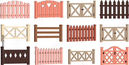 Wooden fence and garden gate vector set with rustic picket panels and decorative outdoor barriers