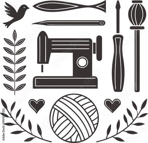 A collection of black silhouette icons representing crafts and hobbies