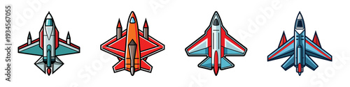 Four military fighter jets in different colors vector illustration, flat design