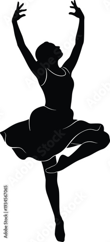 Ballet Dancer Silhouette Vector Illustration, Graceful Female Ballerina Performing Classic Dance Pose, Black and White Elegant Art Design