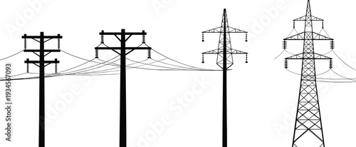 Power Line Tower Silhouettes, Utility Poles, Electrical Infrastructure, Energy Grid, Transmission Design