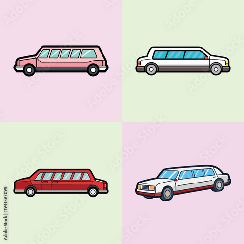 Four different limousines in pink, white, red, and silver vector illustration