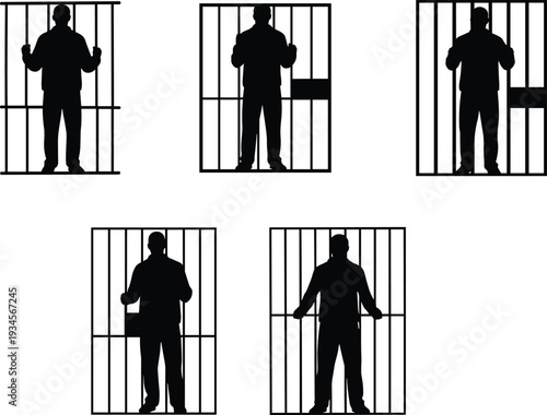 Prison cell silhouettes, inmates behind bars, jail confinement poses, incarceration concept, justice system illustration, restriction, loss of freedom