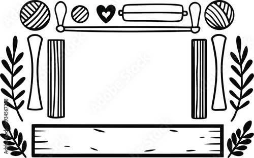 Black and white knitting supplies arranged in a decorative frame design