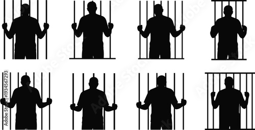 Prisoner silhouettes, people behind bars, jail confinement poses, incarceration concept, criminal justice illustration, restriction, loss of freedom