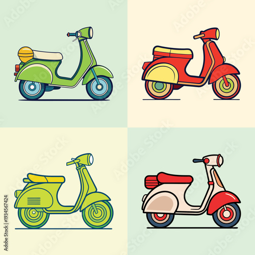 Colorful moped scooters set vector illustration, flat design