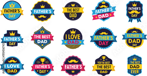 Fathers Day badges and labels with crowns and mustaches