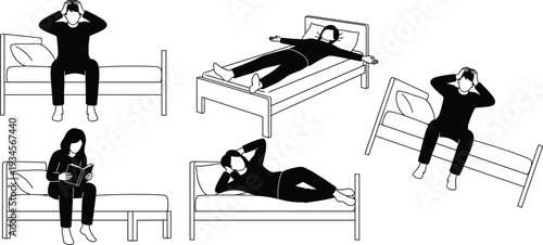 Minimalist cad drawing flat vector illustration of stressed person sitting and lying on bed, insomnia anxiety mental health concept