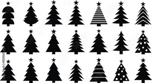 Stylized black Christmas trees and scattered stars