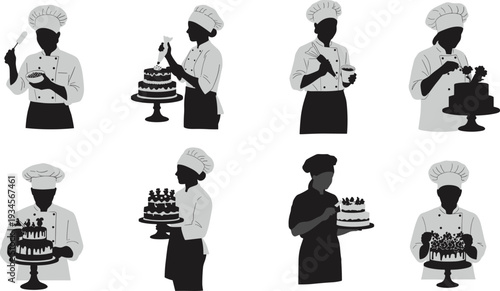 Professional pastry chefs decorating cakes, bakery dessert presentation, culinary art skills, gourmet sweet creations, cake design process, patisserie decoration scene, flat vector illustration