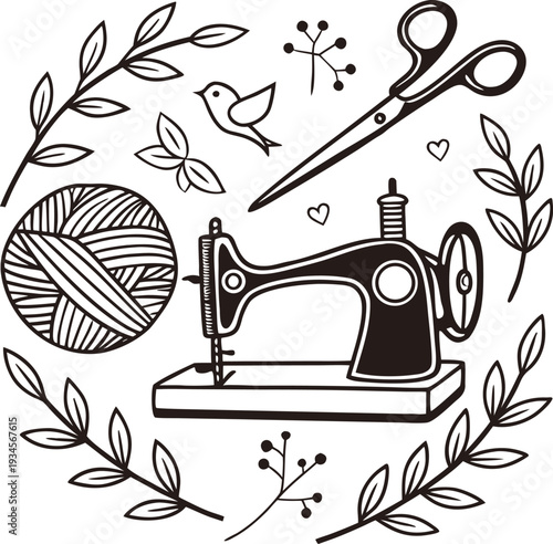 Hand drawn illustration of sewing tools yarn and botanical elements