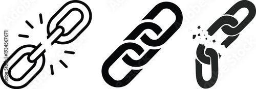 Broken and connected chain link icon set with strength symbol isolated vector collection.Weakness, broken chain links icon vector. failure, vulnerability, needing repair symbol. vector illustration.