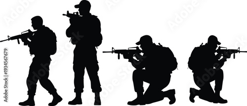 Military soldiers silhouette set, armed forces tactical team with rifles in action poses isolated vector illustration on white background