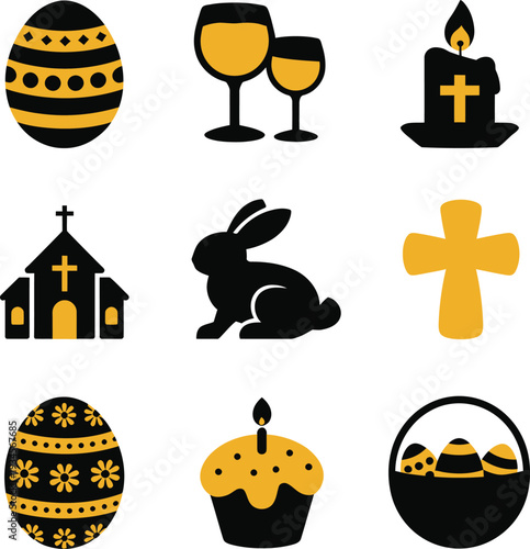 Easter and religious icons in a black and gold palette