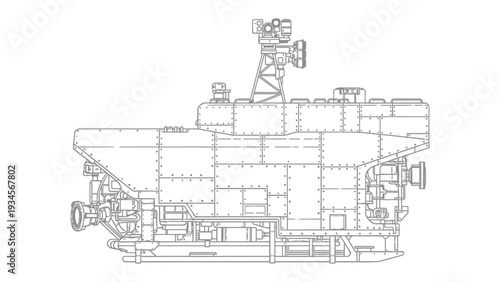 Naval Vessel: Detailed blueprint of a modern naval vessel, showcasing its intricate design and advanced technology. The stark contrast of the illustration accentuates every aspect of the ship.