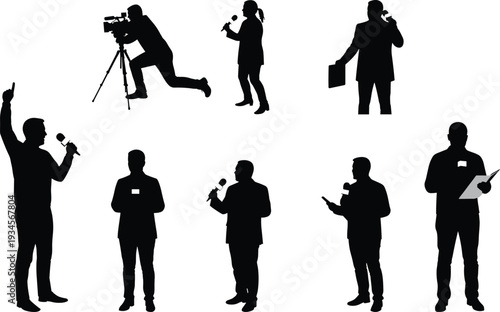 Public speaking silhouette, media communication, journalist pose, microphone speaker, stage presentation, news reporting, event host, press conference, broadcast, performance