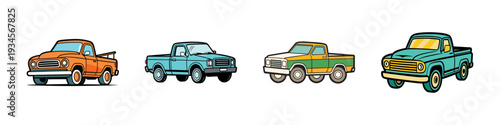 Collection of four pickup trucks in different colors vector illustration