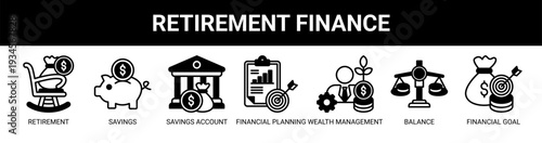 Retirement Finance web banner icon vector illustration concept with icons of retirement, savings, savings account, financial planning, wealth management, balance, and financial goal.