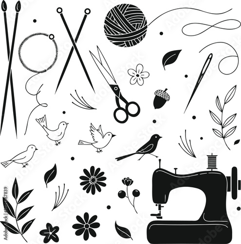Black and white illustration featuring knitting sewing and natural elements