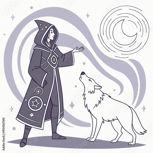 Enigmatic Wizard in a Star-Patterned Robe Connects with a Howling Wolf under a Cosmic Sky
