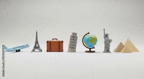 Miniature travel icons, plane to pyramids, on a white surface, signifying global exploration