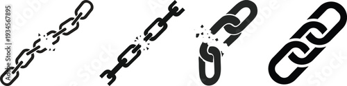 Broken and connected chain link icon set with strength symbol isolated vector collection.Weakness, broken chain links icon vector. failure, vulnerability, needing repair symbol. vector illustration.
