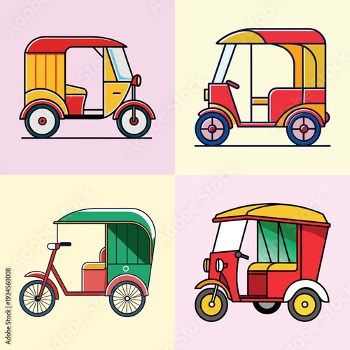 Colorful rickshaw vector illustration set, flat design transportation graphics