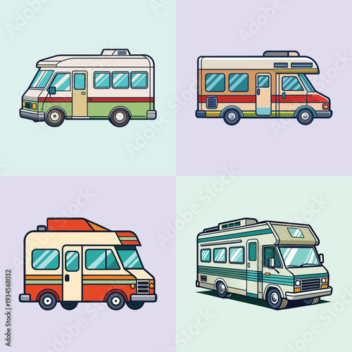 Four recreational vehicles in different styles vector illustration