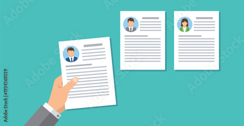 Hand Holding Resume with Candidate Profiles – Recruitment and Hiring Concept Vector Illustration