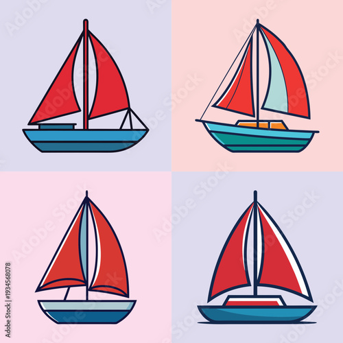 Sailboats on calm waters in different colors vector illustration