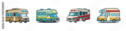 Four recreational vehicles in different colors and designs vector illustration