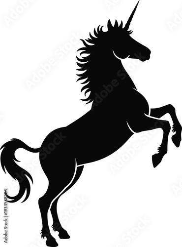 Rearing unicorn silhouette magical fantasy horse with horn isolated on white background symbol of myth enchantment and imagination