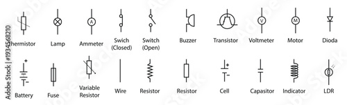Set of electronic circuit symbols. Schematic circuit diagrams vector illustration