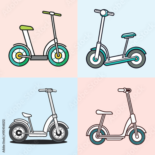 Four modern electric scooters in different colors vector illustration