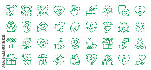 Charity giving, donate money outline icons big set. Line signs volunteering and giving support donation or symbols friendship. Thin vector pictograms pack for web infographic business social projects.