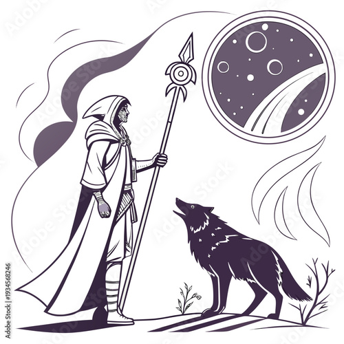 Mysterious cloaked figure and wolf under a celestial moon