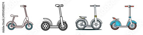 Four eco-friendly transportation options vector illustration, electric scooters and bicycle flat design