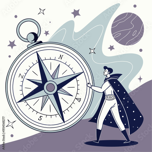 Superhero man in cape holding a compass, navigating stars and planet, concept of adventure and cosmic journey