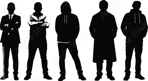 Five men in different casual and formal outfits standing in various poses isolated on white