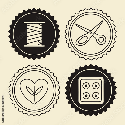 Four circular badges depicting sewing and crafting related icons