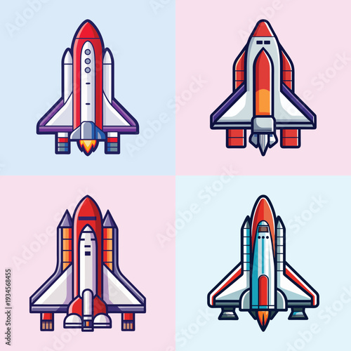 Space Shuttle Vector Illustration Set, Four Angles, Flat Design Graphics