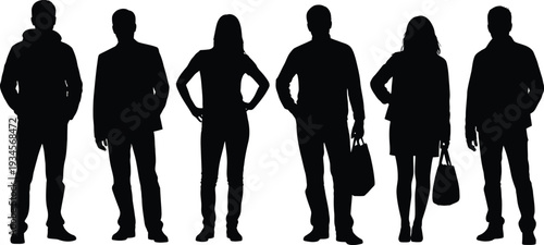 Silhouettes of people standing in various poses with some carrying bags